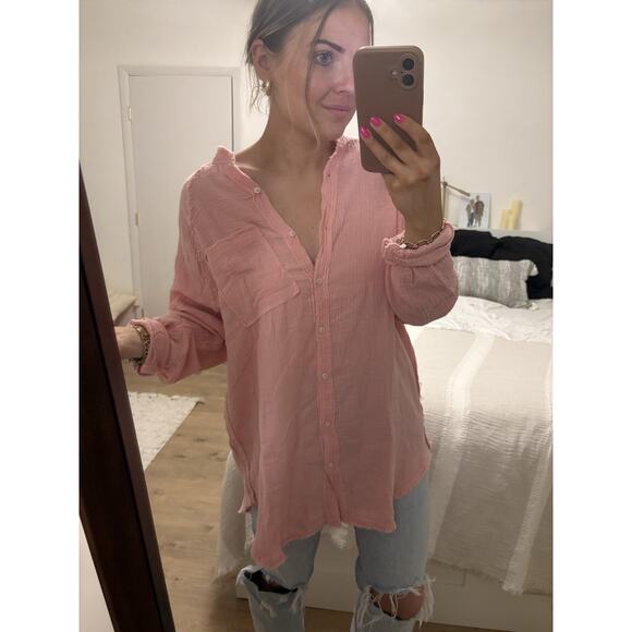 Aerie Pool-To-Party Cover Up Button Pink Size Small Oversized Lagenlook Beach - Picture 6 of 10